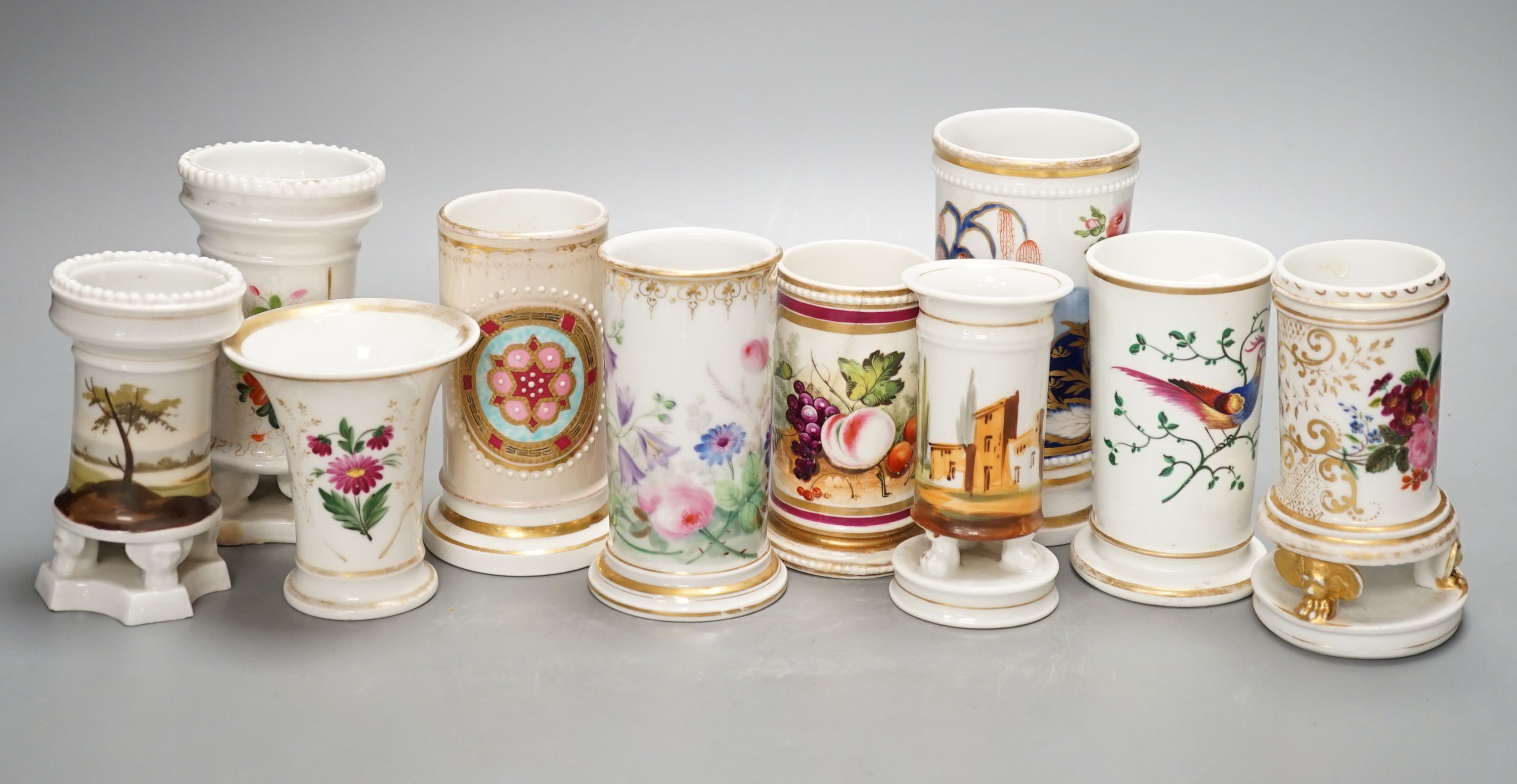 Ten various 19th century porcelain spill vases, tallest 14cm.